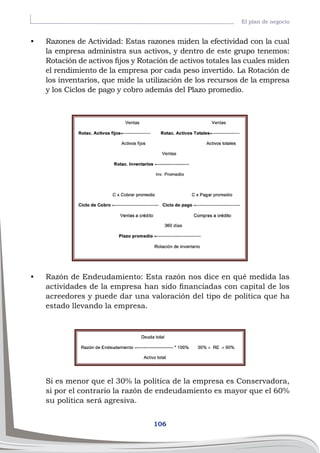 106
El plan de negocio
•	 Razones de Actividad: Estas razones miden la efectividad con la cual
la empresa administra sus activos, y dentro de este grupo tenemos:
Rotación de activos fijos y Rotación de activos totales las cuales miden
el rendimiento de la empresa por cada peso invertido. La Rotación de
los inventarios, que mide la utilización de los recursos de la empresa
y los Ciclos de pago y cobro además del Plazo promedio.
•	 Razón de Endeudamiento: Esta razón nos dice en qué medida las
actividades de la empresa han sido financiadas con capital de los
acreedores y puede dar una valoración del tipo de política que ha
estado llevando la empresa.
Si es menor que el 30% la política de la empresa es Conservadora,
si por el contrario la razón de endeudamiento es mayor que el 60%
su política será agresiva.
 