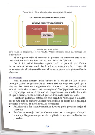 24
La orientación al cliente
este caso la pregunta se reformula ¿Cómo desempeñan su trabajo los
directivos?.
El enfoque funcional presenta el proceso de dirección con la se-
cuencia ideal de la manera que se describe en la figura 4.
En el ciclo administrativo representado se pone de manifiesto
la naturaleza interactiva de las funciones, pero por sobre todo en él
se representa el intercambio con el entorno pues la organización es
abierta.
Planeación.
Para muchos autores, esta función es la rectora de todo el pro-
ceso, ya que en la planeación se determinan los objetivos (QUÉ) para
alcanzar las metas de la organización como centro del proceso y en tal
sentido están derivados en las estrategias (CÓMO) que cada vez tienen
un mayor papel en la efectividad de los procesos independientemente
al tipo o carácter de la actividad que se desarrolla en la entidad.
Planificar podemos establecer que significa “anticipar o estable-
cer la ruta que se seguirá”, siendo una mirada al futuro de la realidad
próxima a vivirla, en donde resulta necesario:
•	 Anticiparse a los acontecimientos futuros para precisar mejor el
presente.
•	 Establecer los objetivos basados en las expectativas generadas por
la compañía, para asegurar el cumplimiento de los resultados es-
perados.
Figura No. 4 : Ciclo administrativo o proceso de dirección.
Ilustración: Belén Terán
 