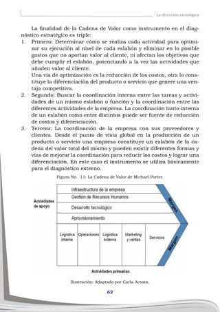 62
La dirección estratégica
La finalidad de la Cadena de Valor como instrumento en el diag-
nóstico estratégico es triple:
1.	 Primero: Determinar cómo se realiza cada actividad para optimi-
zar su ejecución al nivel de cada eslabón y eliminar en lo posible
gastos que no aportan valor al cliente, ni afectan los objetivos que
debe cumplir el eslabón, potenciando a la vez las actividades que
añaden valor al cliente.
Una vía de optimización es la reducción de los costos, otra lo cons-
tituye la diferenciación del producto o servicio que genere una ven-
taja competitiva.
2.	 Segundo: Buscar la coordinación interna entre las tareas y activi-
dades de un mismo eslabón o función y la coordinación entre las
diferentes actividades de la empresa. La coordinación tanto interna
de un eslabón como entre distintos puede ser fuente de reducción
de costos y diferenciación.
3.	 Tercera: La coordinación de la empresa con sus proveedores y
clientes. Desde el punto de vista global en la producción de un
producto o servicio una empresa constituye un eslabón de la ca-
dena del valor total del mismo y pueden existir diferentes formas y
vías de mejorar la coordinación para reducir los costos y lograr una
diferenciación. En este caso el instrumento se utiliza básicamente
para el diagnóstico externo.
Figura No. 11: La Cadena de Valor de Michael Porter.
Ilustración: Adaptado por Carla Acosta.
 