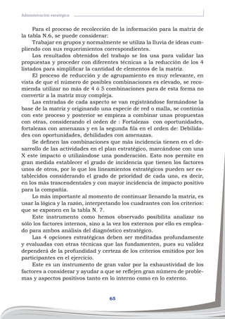 65
Administración esratégica
Para el proceso de recolección de la información para la matriz de
la tabla N.6, se puede considerar:
Trabajar en grupos y normalmente se utiliza la lluvia de ideas cum-
pliendo con sus requerimientos correspondientes.
Los resultados obtenidos del trabajo se los usa para validar las
propuestas y proceder con diferentes técnicas a la reducción de los 4
listados para simplificar la cantidad de elementos de la matriz.
El proceso de reducción y de agrupamiento es muy relevante, en
vista de que el número de posibles combinaciones es elevado, se reco-
mienda utilizar no más de 4 ó 5 combinaciones para de esta forma no
convertir a la matriz muy compleja.
Las entradas de cada aspecto se van registrándose formándose la
base de la matriz y originando una especie de red o malla, se continúa
con este proceso y posterior se empieza a combinar unas propuestas
con otras, considerando el orden de : Fortalezas con oportunidades,
fortalezas con amenazas y en la segunda fila en el orden de: Debilida-
des con oportunidades, debilidades con amenazas.
Se definen las combinaciones que más incidencia tienen en el de-
sarrollo de las actividades en el plan estratégico, marcándose con una
X este impacto o utilizándose una ponderación. Esto nos permite en
gran medida establecer el grado de incidencia que tienen los factores
unos de otros, por lo que los lineamientos estratégicos pueden ser es-
tablecidos considerando el grado de prioridad de cada uno, es decir,
en los más trascendentales y con mayor incidencia de impacto positivo
para la compañía.
Lo más importante al momento de continuar llenando la matriz, es
usar la lógica y la razón, interpretando los cuadrantes con los criterios:
que se exponen en la tabla N. 7.
Este instrumento como hemos observado posibilita analizar no
sólo los factores internos, sino a la vez los externos por ello es emplea-
do para ambos análisis del diagnóstico estratégico.
Las 4 opciones estratégicas deben ser meditadas profundamente
y evaluadas con otras técnicas que las fundamenten, pues su validez
dependerá de la profundidad y certeza de los criterios emitidos por los
participantes en el ejercicio.
Este es un instrumento de gran valor por la exhaustividad de los
factores a considerar y ayudar a que se reflejen gran número de proble-
mas y aspectos positivos tanto en lo interno como en lo externo.
 