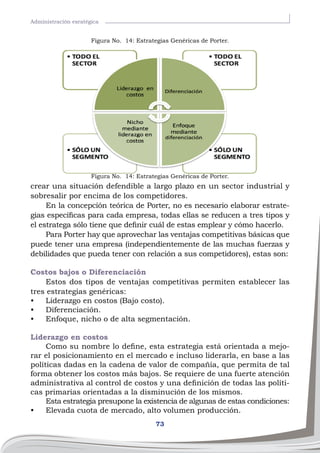 73
Administración esratégica
crear una situación defendible a largo plazo en un sector industrial y
sobresalir por encima de los competidores.
En la concepción teórica de Porter, no es necesario elaborar estrate-
gias específicas para cada empresa, todas ellas se reducen a tres tipos y
el estratega sólo tiene que definir cuál de estas emplear y cómo hacerlo.
Para Porter hay que aprovechar las ventajas competitivas básicas que
puede tener una empresa (independientemente de las muchas fuerzas y
debilidades que pueda tener con relación a sus competidores), estas son:
Costos bajos o Diferenciación
Estos dos tipos de ventajas competitivas permiten establecer las
tres estrategias genéricas:
•	 Liderazgo en costos (Bajo costo).
•	 Diferenciación.
•	 Enfoque, nicho o de alta segmentación.
Liderazgo en costos
Como su nombre lo define, esta estrategia está orientada a mejo-
rar el posicionamiento en el mercado e incluso liderarla, en base a las
políticas dadas en la cadena de valor de compañía, que permita de tal
forma obtener los costos más bajos. Se requiere de una fuerte atención
administrativa al control de costos y una definición de todas las políti-
cas primarias orientadas a la disminución de los mismos.
Esta estrategia presupone la existencia de algunas de estas condiciones:
•	 Elevada cuota de mercado, alto volumen producción.
Figura No. 14: Estrategias Genéricas de Porter.
Figura No. 14: Estrategias Genéricas de Porter.
 