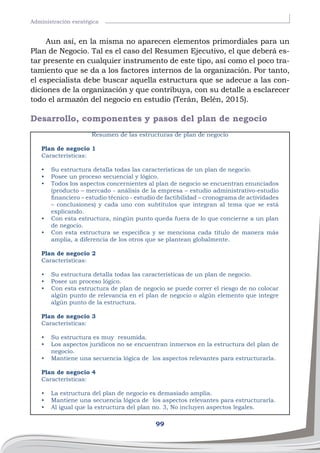 99
Administración esratégica
Aun así, en la misma no aparecen elementos primordiales para un
Plan de Negocio. Tal es el caso del Resumen Ejecutivo, el que deberá es-
tar presente en cualquier instrumento de este tipo, así como el poco tra-
tamiento que se da a los factores internos de la organización. Por tanto,
el especialista debe buscar aquella estructura que se adecue a las con-
diciones de la organización y que contribuya, con su detalle a esclarecer
todo el armazón del negocio en estudio (Terán, Belén, 2015).
Desarrollo, componentes y pasos del plan de negocio
Resumen de las estructuras de plan de negocio
Plan de negocio 1
Características:
•	 Su estructura detalla todas las características de un plan de negocio.
•	 Posee un proceso secuencial y lógico.
•	 Todos los aspectos concernientes al plan de negocio se encuentran enunciados
(producto – mercado - análisis de la empresa – estudio administrativo-estudio
financiero – estudio técnico - estudio de factibilidad – cronograma de actividades
– conclusiones) y cada uno con subtítulos que integran al tema que se está
explicando.
•	 Con esta estructura, ningún punto queda fuera de lo que concierne a un plan
de negocio.
•	 Con esta estructura se especifica y se menciona cada título de manera más
amplia, a diferencia de los otros que se plantean globalmente.
Plan de negocio 2
Características:
•	 Su estructura detalla todas las características de un plan de negocio.
•	 Posee un proceso lógico.
•	 Con esta estructura de plan de negocio se puede correr el riesgo de no colocar
algún punto de relevancia en el plan de negocio o algún elemento que integre
algún punto de la estructura.
Plan de negocio 3
Características:
•	 Su estructura es muy resumida.
•	 Los aspectos jurídicos no se encuentran inmersos en la estructura del plan de
negocio.
•	 Mantiene una secuencia lógica de los aspectos relevantes para estructurarla.
Plan de negocio 4
Características:
•	 La estructura del plan de negocio es demasiado amplia.
•	 Mantiene una secuencia lógica de los aspectos relevantes para estructurarla.
•	 Al igual que la estructura del plan no. 3, No incluyen aspectos legales.
 