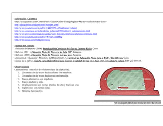 Información Científica 
https://az1.qualtrics.com/ControlPanel/?ClientAction=ChangePage&s=MySurveysSection&ss=&sss= 
http://educacinfsicafreddymoreno.blogspot.com/ 
http://www.youtube.com/watch?v=CkDJ9lNLyCM&feature=related 
http://www.omerique.net/polavide/rec_polavide0708/edilim/el_calentamiento.html 
http://www.proyectohormiga.org/udidac/web_deportes2/atletismo/atletismo/atletismo.html 
http://www.youtube.com/watch?v=WFnUCzmtMdg 
http://www.issuu.com/freddymorenoec 
Fuentes de Consulta 
Ministerio del Deporte (2008), Planificación Curricular del Área de Cultura Física, Quito. 
Edelvives (2011), Educación Física 01 Proyecto de Aula 360°, Zaragoza. 
Edelvices (2008), Educación Física 02 Proyecto más que uno, Zaragoza. 
Ministerio de Educación y Ministerio del Deporte (2012), Currículo de Educación Física para la EGB y Bachillerato, Quito. 
Manual de la (2012), Salud y capacidades físicas para mejorar la calidad de vida en el buen vivir con calidad y calidez, EIPI Qui-039113. 
Observaciones 
Calentamiento Específico de Atletismo (fase de adaptación): 
1. Circunducción de brazos hacia adelante con impulsión. 
2. Circunducción de brazos hacia atrás con impulsión. 
3. Brazos alternativos con impulsión. 
4. Brazos adelante y atrás. 
5. Desplazamientos con piernas abiertas de salto y brazos en cruz. 
6. Impulsiones con piernas rectas. 
7. Skipping bajo reactivo. 
