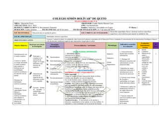 COLEGIO SIMÓN BOLÍVAR” DE QUITO 
PLAN CURRICULAR N° 8 
ÁREA: Educación Física PROFESOR: Freddy Martín Moreno Caza 
AÑO LECTIVO: 2013- 2014 AÑO: I de Bachillerato 
BLOQUE CURRICULAR N° 1: Movimientos Naturales Nombre: Natación y actividades en el agua N° Horas 2 
DURACIÓN: Cuatro semanas FECHA INICIAL: del 02 de enero FECHA DE FINALIZACIÓN: al 17 de enero del 2014 EJE TRANSVERSAL: 
Educación para la equidad de género. EJE CURRICULAR INTEGRADOR: 
Desarrollar capacidades físicas y destrezas motrices específicas, cognitivas y socio afectivas para mejorar la calidad de vida. EJE DE APRENDIZAJE: 
Habilidades motrices específicas OBJETIVO EDUCATIVO: 
Conocer y valorar la salud y la calidad de vida a través de la práctica sistemática de la Educación Física y mediante el conocimiento de los mecanismos fisiológicos básicos, a fin de prevenir conductas negativas que representen riesgos para la salud. Objetivo Didáctico Destrezas con criterio de desempeño Estrategias Metodológicas Proceso didáctico / Actividades Metodología Indicadores esenciales de evaluación Evaluación Instrumentos Técnica N° Horas 
Familiarización con el medio acuático. 
Conocer y valorar su cuerpo utilizando el medio acuático para explorar y disfrutar de sus posibilidades motrices acuáticas y de relación con los demás. 
Dominar las habilidades motrices acuáticas. 
Utilizar sus capacidades físicas básicas y habilidades motrices acuáticas, para adaptar el movimiento a la práctica de actividades 
 Participar y cooperar en la ejecución de juegos en el agua aplicados a las técnicas de natación. 
 Demostrar las técnicas de natación de los diferentes estilos: crol y espalda. 
 Ejecutar formas de clavados y zambullidas desde diferentes alturas. 
Socializadoras 
Individualizadoras 
Personalizadoras 
Creativas 
Tratamiento de la información 
Por descubrimiento 
Aprendizaje basado en problema. 
FASE DE ACOGIDA E INFORMACIÓN 
1 PRERREQUISITOS 
Información de la clase. 
Ejercicios de Orden 
2 CALENTAMIENTO: ¿Dónde se realiza?, ¿Conoce la técnica del estilo espalda? 
3 ESQUEMA CONCEPTUAL DE PARTIDA: La Natación: 
¿Cuántos estilos de natación conoce? 
¿Conoce otras actividades acuáticas? 
FASE DE ADAPTACIÓN 
DESARROLLO DEL CONOCIMIENTO: 
Sobre seguridad 
Tenga en cuenta el tiempo transcurrido desde la última comida, para no sufrir un corte de digestión. 
No olvide ducharse antes y después de la clase. 
Limpie y recoja el material después de utilizarlo. 
Espalda.- Este estilo se lleva acabó en posición horizontal, pero de espaldas al agua (boca arriba), de aquí su nombre. Normalmente las caderas están un poquito más bajas que los hombros. El cuerpo debe ir lo más extendido posible. 
Acción de los brazos.- la acción de los brazos es alternativa, como en crol. La primera parte del movimiento es la propulsión y se produce debajo del agua. La mano entra en el agua con el brazo completamente extendido y el tronco gira ligeramente hacia ese lado. 
Acción de los pies.- El movimiento es de ascenso y descenso, originándose en las caderas, no en las rodillas. Es alternativo y está coordinado con la acción de los brazos. 
Inductivo 
Deductivo 
Global fragmentario 
1 Utiliza diferentes fuentes para recopilar información. 
2 Distingue los diferentes momentos del calentamiento en una propuesta dada. 
3 Identifica las zonas corporales (músculos y articulaciones) en la elección de ejercicios. 
4 Ejecuta varias formas de clavados y zambullidas en el agua desde diferentes alturas. 
5 Demuestra y aplica los fundamentos técnicos y las reglas básicas de varios deportes. 
5 Ejecuta rutinas de ejercicios aeróbicos para promover el mejoramiento 
de la salud. 
Inicial 
Cuaderno 
Manual de la salud y capacidades físicas para mejorar la calidad de vida en el buen vivir con calidad y calidez. 
Carpeta 
Fichas 
Links electrónicos 
Blogs 
Lista de cotejo 
Registro de calificaciones 
2 
 