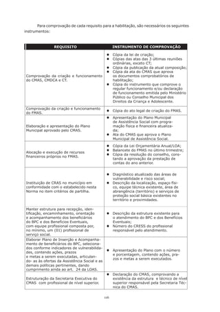 Para	comprovação	de	cada	requisito	para	a	habilitação,	são	necessários	os	seguintes	
instrumentos:



                REQUISITO                            INSTRUMENTO DE COMPROVAÇÃO

                                                ® Cópia	da	lei	de	criação;
                                                ® Cópias	das	atas	das	3	últimas	reuniões	
                                                  ordinárias,	exceto	CT;
                                                ® Cópia	da	publicação	da	atual	composição;
                                                ® Cópia	da	ata	do	CMAS	que	aprova	
Comprovação da criação e funcionamento            os	documentos	comprobatórios	de	
do CMAS, CMDCA e CT.                              habilitação;
                                                ® Cópia	do	instrumento	que	comprove	o	
                                                  regular funcionamento e/ou declaração
                                                  de funcionamento emitida pelo Ministério
                                                  Público	ou	Conselho	Municipal	dos
                                                  Direitos da Criança e Adolescente.

Comprovação da criação e funcionamento
                                                ® Cópia	do	ato	legal	de	criação	do	FMAS.
do FMAS.
                                                ® Apresentação do Plano Municipal
                                                  de Assistência Social com progra-
Elaboração e apresentação do Plano                mação	física	e	financeira	atualiza-
Municipal aprovado pelo CMAS.                     da;
                                                ® Ata do CMAS que aprova o Plano
                                                  Municipal de Assistência Social.

                                                ® Cópia	da	Lei	Orçamentária	Anual/LOA;
                                                ® Balancete	do	FMAS	no	último	trimestre;
Alocação e execução de recursos
                                                ® Cópia	da	resolução	do	conselho,	cons-
financeiros	próprios	no	FMAS.
                                                  tando a aprovação da prestação de
                                                  contas do ano anterior.


                                                ® Diagnóstico	atualizado	das	áreas	de	
                                                  vulnerabilidade	e	risco	social;
Instituição de CRAS no município em             ® Descrição da localização, espaço físi-
conformidade com o estabelecido nesta             co, equipe técnica existente, área de
Norma	no	item	critérios	de	partilha.              abrangência	(território)	e	serviços	de	
                                                  proteção social básica existentes no
                                                  território	e	proximidades.

Manter estrutura para recepção, iden-
tificação,	encaminhamento,	orientação	          ® Descrição da estrutura existente para
e	acompanhamento	dos	beneficiários	               o atendimento do BPC e dos Benefícios
do BPC e dos Benefícios Eventuais,                Eventuais;
com	equipe	profissional	composta	por,	          ® Número	do	CRESS	do	profissional	
no	mínimo,	um	(01)	profissional	de	               responsável pelo atendimento.
serviço social.
Elaborar	Plano	de	Inserção	e	Acompanha-
mento	de	beneficiários	do	BPC,	seleciona-
dos conforme indicadores de vulnerabilida-
                                                ® Apresentação do Plano com o número
des, contendo ações, prazos
                                                  e porcentagem, contendo ações, pra-
e metas a serem executadas, articulan-
                                                  zos e metas a serem executados.
do- as às ofertas da Assistência Social e as
demais políticas pertinentes, dando
cumprimento ainda ao art. 24 da LOAS.
                                                ® Declaração do CMAS, comprovando a
Estruturação da Secretaria Executiva do           existência da estrutura e técnico de nível
CMAS		com	profissional	de	nível	superior.         superior responsável pela Secretaria Téc-
                                                  nica do CMAS.

                                               116
 