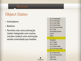 Recursos

Object States
•	 Animations
•	 Buttons
•	 Permite criar uma animação
   (state) integrado com outras
   versões (states) sem animação
   sendo controlado por botões
 