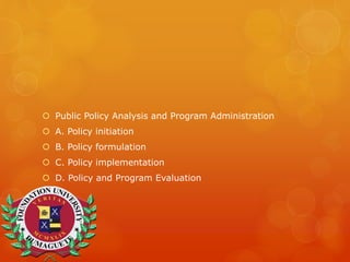 Public Policy Analysis and Program Administration
 A. Policy initiation
 B. Policy formulation
 C. Policy implementation
 D. Policy and Program Evaluation
 