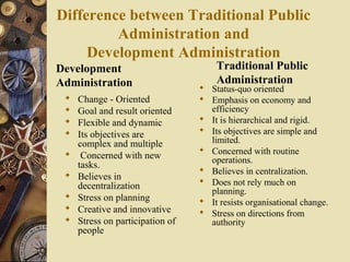 Difference between Traditional Public
Administration and
Development Administration
Development
Administration
 Change - Oriented
 Goal and result oriented
 Flexible and dynamic
 Its objectives are
complex and multiple
 Concerned with new
tasks.
 Believes in
decentralization
 Stress on planning
 Creative and innovative
 Stress on participation of
people
Traditional Public
Administration
 Status-quo oriented
 Emphasis on economy and
efficiency
 It is hierarchical and rigid.
 Its objectives are simple and
limited.
 Concerned with routine
operations.
 Believes in centralization.
 Does not rely much on
planning.
 It resists organisational change.
 Stress on directions from
authority
 