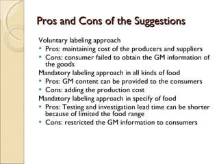 Pros and Cons of the Suggestions Voluntary labeling approach   Pros: maintaining cost of the producers and suppliers Cons: consumer failed to obtain the GM information of the goods Mandatory labeling approach   in all kinds of food Pros: GM content can be provided to the consumers Cons: adding the production cost Mandatory labeling approach in specify of food Pros: Testing and investigation lead time can be shorter because of limited the food range Cons: restricted the GM information to consumers 