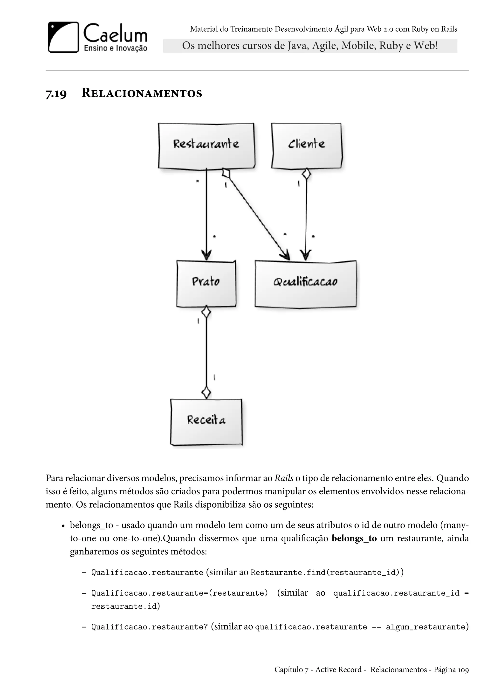 Material do Treinamento Desenvolvimento Ágil para Web 2.0 com Ruby on Rails
7.19 Relacionamentos
Para relacionar diversos modelos, precisamos informar ao Rails o tipo de relacionamento entre eles. Quando
isso é feito, alguns métodos são criados para podermos manipular os elementos envolvidos nesse relaciona-
mento. Os relacionamentos que Rails disponibiliza são os seguintes:
• belongs_to - usado quando um modelo tem como um de seus atributos o id de outro modelo (many-
to-one ou one-to-one).Quando dissermos que uma qualificação belongs_to um restaurante, ainda
ganharemos os seguintes métodos:
– Qualificacao.restaurante (similar ao Restaurante.find(restaurante_id))
– Qualificacao.restaurante=(restaurante) (similar ao qualificacao.restaurante_id =
restaurante.id)
– Qualificacao.restaurante? (similar ao qualificacao.restaurante == algum_restaurante)
Capítulo 7 - Active Record - Relacionamentos - Página 109
 