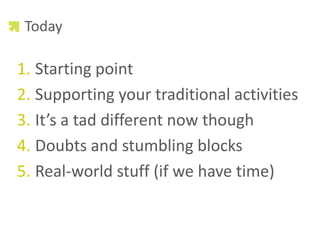 Today<br />Starting point<br />Supporting your traditional activities<br />It’s a tad different now though<br />Doubts and...