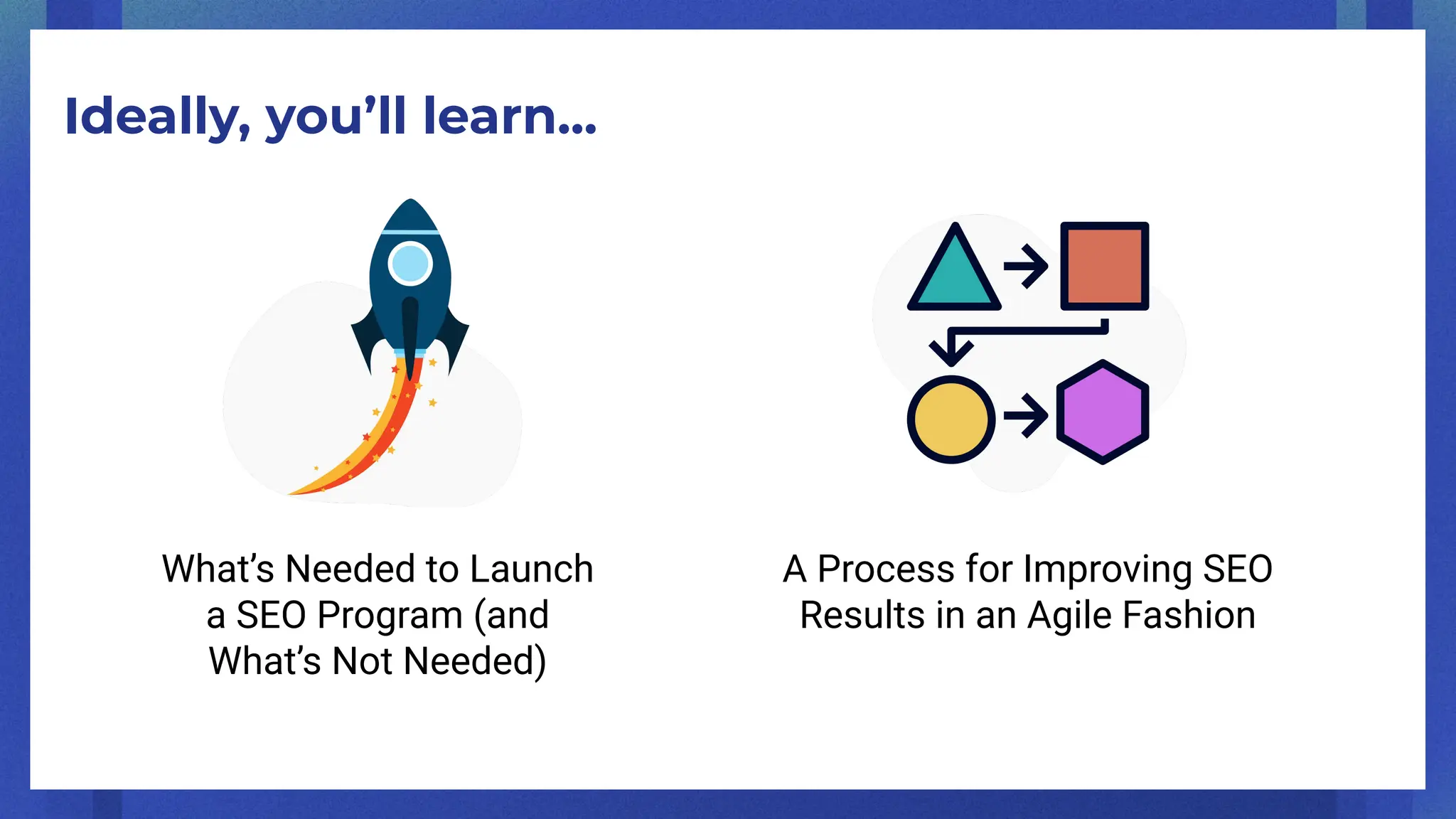 Ideally, you’ll learn...
What’s Needed to Launch
a SEO Program (and
What’s Not Needed)
A Process for Improving SEO
Results in an Agile Fashion
 