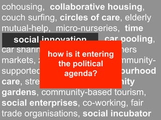 cohousing, collaborative housing,
couch surfing, circles of care, elderly
mutual-help, micro-nurseries, time
banks, local currencies, car pooling,
   social innovation
car sharing,how is it entering
              food coops, farmers
markets, zero-miles food, community-
               the political
supported agriculture, neighbourhood
                 agenda?
care, street festivals, community
gardens, community-based tourism,
social enterprises, co-working, fair
trade organisations, social incubator
 
