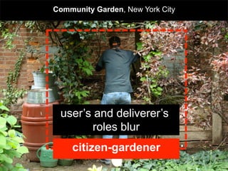 Community Garden, New York City




 user’s and deliverer’s
        roles blur
   collaborative housing
    citizen-gardener              .
 
