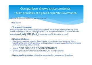 Content of European Corporate Governance?  
Main issues: 
1/ Transparency provisions 
Accounting standards, financial repo...