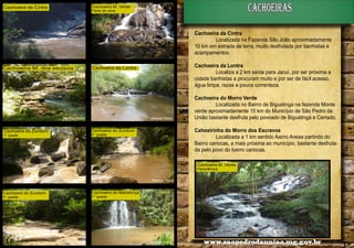 cachoeiras

Cachoeira M. Verde

Cachoeira da Cintra

Parte de cima

Cachoeira da Cintra
Localizada na Fazenda São João aproximadamente
10 km em estrada de terra, muito desfrutada por banhistas e
acampamentos.
Cachoeira M. dos escravos

Cachoeira da Lontra
Localiza a 2 km saída para Jacuí, por ser próxima a
cidade banhistas a procuram muito e por ser de fácil acesso,
água limpa, razas e pouca correnteza.

Cachoeira da Lontra

Alencar Flório

Alencar Flório

Cahoeirinha do Morro dos Escravos
Localizada a 1 km sentido Aairro Areias partindo do
Bairro cariocas, a mais próxima ao município, bastante desfrutada pelo povo do bairro cariocas.

Cachoeira do Zundum

Cachoeira do Zundum

2° queda

1° queda

Cachoeira do Morro Verde
Localizada no Bairro de Biguatinga na fazenda Monte
verde aproximadamente 15 km do Município de São Pedro da
União bastante desfruta pelo povoado de Biguatinga e Cerrado.

Cachoeira M. Verde
Panorâmica
Alencar Flório

Cachoeira do Mendonça

Cachoeira do Zundum

1° queda

3° queda

18

Alencar Flório

Alencar Flório

Alencar Flório

www.saopedrodauniao.mg.gov.br

19

 