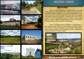 BIGUATINGA - CERRADO
BIGUATINGA
Alencar Flório

Alencar Flório

No município de São Pedro da União temos o povoado
de Biguatinga que ganhou este nome devido a uma grande concentração de pássaros Biguás. O povoado de Biguatinga tem sua
história relevante devido a estação ferroviária, que há cinquenta
anos atrás constava com o ramal. Construido entre 1914 e 1915.
O trem vinha de Guaxupé três vezes por semana. Através desta
estação, o nosso café era transportado até o Porto de Santos. A
linha foi extinta em 1961 e o prédio ainda existe.
Hoje em dia Biguatinga é destaque no agronegócio, e
atrai visitantes pela Tradicional festa de Santa Terezinha, padroeira do bairro. A festa é realizada nos dois últimos finais de semana do mês de setembro, onde também acontece a Cavalhada,
reunindo cavaleiros de toda a região.

Alencar Flório
Alencar Flório

Bairro Cerrado

10

Alencar Flório

www.saopedrodauniao.mg.gov.br

11

 