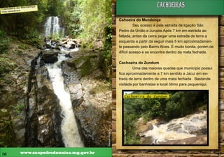 cachoeiras

a

do Mendonç
Cachoeiramica
Vista panorâ

Cahoeira do Mendonça
Seu acesso é pela estrada de ligação São
Pedro da União a Juruaia.Após 7 km em estrada asfaltada, antes da cerra pegar uma estrada de terra a
esquerda a partir da seguir mais 5 km aproximadamente passando pelo Bairro Alves. É muito bonita, porém de
difícil acesso e se encontra dentro da mata fechada.
Cachoeira do Zundum
Uma das maiores quedas que município possui
fica aproximadamente a 7 km sentido a Jacuí em estrada de terra dentro de uma mata fechada . Bastande
visitada por banhistas e local ótimo para pequeniqui.

16

www.saopedrodauniao.mg.gov.br

Alencar Flório

Alencar Flório

Cachoeira do Zundum

17

 