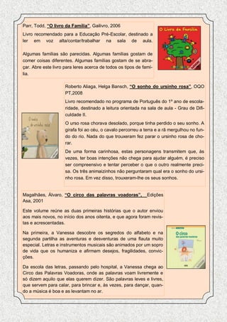 Parr, Todd, “O livro da Família”, Gailivro, 2006
Livro recomendado para a Educação Pré-Escolar, destinado a
ler em voz alta/contar/trabalhar na sala de aula.

Algumas famílias são parecidas. Algumas famílias gostam de
comer coisas diferentes. Algumas famílias gostam de se abra-
çar. Abre este livro para leres acerca de todos os tipos de famí-
lia.

                     Roberto Aliaga, Helga Bansch, “O sonho do ursinho rosa”, OQO
                     PT,2008
                     Livro recomendado no programa de Português do 1º ano de escola-
                     ridade, destinado a leitura orientada na sala de aula - Grau de Difi-
                     culdade II.
                     O urso rosa chorava desolado, porque tinha perdido o seu sonho. A
                     girafa foi ao céu, o cavalo percorreu a terra e a rã mergulhou no fun-
                     do do rio. Nada do que trouxeram fez parar o ursinho rosa de cho-
                     rar.
                     De uma forma carinhosa, estas personagens transmitem que, às
                     vezes, ter boas intenções não chega para ajudar alguém, é preciso
                     ser compreensivo e tentar perceber o que o outro realmente preci-
                     sa. Os três animaizinhos não perguntaram qual era o sonho do ursi-
                     nho rosa. Em vez disso, trouxeram-lhe os seus sonhos.


Magalhães, Álvaro, “O circo das palavras voadoras”,           Edições
Asa, 2001

Este volume reúne as duas primeiras histórias que o autor enviou
aos mais novos, no início dos anos oitenta, e que agora foram revis-
tas e acrescentadas.

Na primeira, a Vanessa descobre os segredos do alfabeto e na
segunda partilha as aventuras e desventuras de uma flauta muito
especial. Letras e instrumentos musicais são animados por um sopro
de vida que os humaniza e afirmam desejos, fragilidades, convic-
ções.

Da escola das letras, passando pelo hospital, a Vanessa chega ao
Circo das Palavras Voadoras, onde as palavras voam livremente e
só dizem aquilo que elas querem dizer. São palavras leves e livres,
que servem para calar, para brincar e, às vezes, para dançar, quan-
do a música é boa e as levantam no ar.
 