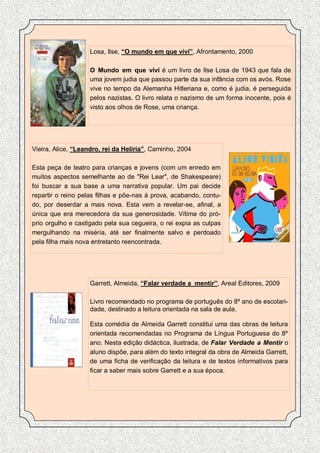 Losa, Ilse, “O mundo em que vivi”, Afrontamento, 2000

                    O Mundo em que vivi é um livro de Ilse Losa de 1943 que fala de
                    uma jovem judia que passou parte da sua infância com os avós. Rose
                    vive no tempo da Alemanha Hitleriana e, como é judia, é perseguida
                    pelos nazistas. O livro relata o nazismo de um forma inocente, pois é
                    visto aos olhos de Rose, uma criança.




Vieira, Alice, “Leandro, rei da Helíria”, Caminho, 2004

Esta peça de teatro para crianças e jovens (com um enredo em
muitos aspectos semelhante ao de "Rei Lear", de Shakespeare)
foi buscar a sua base a uma narrativa popular. Um pai decide
repartir o reino pelas filhas e põe-nas à prova, acabando, contu-
do, por deserdar a mais nova. Esta vem a revelar-se, afinal, a
única que era merecedora da sua generosidade. Vítima do pró-
prio orgulho e castigado pela sua cegueira, o rei expia as culpas
mergulhando na miséria, até ser finalmente salvo e perdoado
pela filha mais nova entretanto reencontrada.




                    Garrett, Almeida, “Falar verdade a mentir”, Areal Editores, 2009

                    Livro recomendado no programa de português do 8º ano de escolari-
                    dade, destinado a leitura orientada na sala de aula.

                    Esta comédia de Almeida Garrett constitui uma das obras de leitura
                    orientada recomendadas no Programa de Língua Portuguesa do 8º
                    ano. Nesta edição didáctica, ilustrada, de Falar Verdade a Mentir o
                    aluno dispõe, para além do texto integral da obra de Almeida Garrett,
                    de uma ficha de verificação da leitura e de textos informativos para
                    ficar a saber mais sobre Garrett e a sua época.
 