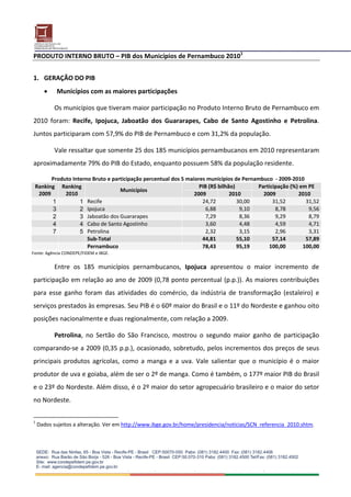 PRODUTO INTERNO BRUTO – PIB dos Municípios de Pernambuco 20101 
    
1. GERAÇÃO DO PIB 
           Municípios com as maiores participações 

           Os municípios que tiveram maior participação no Produto Interno Bruto de Pernambuco em 
2010  foram:  Recife,  Ipojuca,  Jaboatão  dos  Guararapes,  Cabo  de  Santo  Agostinho  e  Petrolina. 
Juntos participaram com 57,9% do PIB de Pernambuco e com 31,2% da população.  

           Vale ressaltar que somente 25 dos 185 municípios pernambucanos em 2010 representaram 
aproximadamente 79% do PIB do Estado, enquanto possuem 58% da população residente. 

        Produto Interno Bruto e participação percentual dos 5 maiores municípios de Pernambuco  ‐ 2009‐2010 
 Ranking  Ranking                                                  PIB (R$ bilhão)        Participação (%) em PE
                                   Municípios 
   2009       2010                                               2009           2010        2009          2010
         1          1 Recife                                        24,72          30,00        31,52        31,52
         3          2 Ipojuca                                         6,88          9,10         8,78         9,56
         2          3 Jaboatão dos Guararapes                         7,29          8,36         9,29         8,79
         4          4 Cabo de Santo Agostinho                         3,60          4,48         4,59         4,71
         7          5 Petrolina                                       2,32          3,15         2,96         3,31
                      Sub‐Total                                     44,81          55,10        57,14        57,89
                      Pernambuco                                    78,43          95,19      100,00        100,00
Fonte: Agência CONDEPE/FIDEM e IBGE. 


           Entre  os  185  municípios  pernambucanos,  Ipojuca  apresentou  o  maior  incremento  de 
participação em relação ao ano de 2009 (0,78 ponto percentual (p.p.)). As maiores contribuições 
para  esse  ganho  foram  das  atividades  do  comércio,  da  indústria  de  transformação  (estaleiro)  e 
serviços prestados às empresas. Seu PIB é o 60º maior do Brasil e o 11º do Nordeste e ganhou oito 
posições nacionalmente e duas regionalmente, com relação a 2009. 

           Petrolina,  no  Sertão  do  São  Francisco,  mostrou  o  segundo  maior  ganho  de  participação 
comparando‐se a 2009 (0,35 p.p.), ocasionado, sobretudo, pelos incrementos dos preços de seus 
principais  produtos  agrícolas,  como  a  manga  e  a  uva.  Vale  salientar  que  o  município  é  o  maior 
produtor de uva e goiaba, além de ser o 2º de manga. Como é também, o 177º maior PIB do Brasil 
e o 23º do Nordeste. Além disso, é o 2º maior do setor agropecuário brasileiro e o maior do setor 
no Nordeste. 


1
     Dados sujeitos a alteração. Ver em http://www.ibge.gov.br/home/presidencia/noticias/SCN_referencia_2010.shtm. 
 