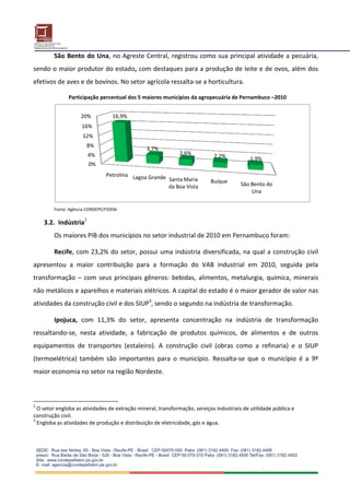 São  Bento  do  Una, no Agreste Central,  registrou como sua principal atividade a pecuária, 
sendo o maior produtor do estado, com destaques para a produção de leite e de ovos, além dos 
efetivos de aves e de bovinos. No setor agrícola ressalta‐se a horticultura.  

               Participação percentual dos 5 maiores municípios da agropecuária de Pernambuco –2010 


                    20%            16,9%
                    16%
                     12%
                       8%
                                                3,7%
                       4%                                      2,6%          2,2%            1,9%
                        0%
                                Petrolina Lagoa Grande
                                                       Santa Maria          Buíque
                                                       da Boa Vista                      São Bento do 
                                                                                             Una
                                                                                                                     
        Fonte: Agência CONDEPE/FIDEM. 
         
                       2
    3.2.  Indústria  
        Os maiores PIB dos municípios no setor industrial de 2010 em Pernambuco foram:  

        Recife,  com  23,2%  do  setor,  possui  uma  indústria  diversificada,  na  qual  a  construção  civil 
apresentou  a  maior  contribuição  para  a  formação  do  VAB  industrial  em  2010,  seguida  pela 
transformação  –  com  seus  principais  gêneros:  bebidas,  alimentos,  metalurgia,  química,  minerais 
não metálicos e aparelhos e materiais elétricos. A capital do estado é o maior gerador de valor nas 
atividades da construção civil e dos SIUP3, sendo o segundo na indústria de transformação. 

        Ipojuca,  com  11,3%  do  setor,  apresenta  concentração  na  indústria  de  transformação 
ressaltando‐se,  nesta  atividade,  a  fabricação  de  produtos  químicos,  de  alimentos  e  de  outros 
equipamentos  de  transportes  (estaleiro).  A  construção  civil  (obras  como  a  refinaria)  e  o  SIUP 
(termoelétrica)  também  são  importantes  para  o  município.  Ressalta‐se  que  o  município  é  a  9º 
maior economia no setor na região Nordeste. 



2
   O setor engloba as atividades de extração mineral, transformação, serviços industriais de utilidade pública e 
construção civil.  
3
   Engloba as atividades de produção e distribuição de eletricidade, gás e água. 
 