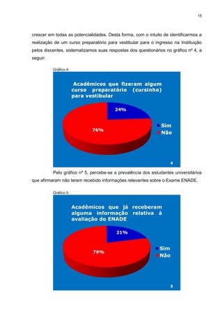 15
crescer em todas as potencialidades. Desta forma, com o intuito de identificarmos a
realização de um curso preparatório para vestibular para o ingresso na Instituição
pelos discentes, sistematizamos suas respostas dos questionários no gráfico nº 4, a
seguir:
Gráfico 4:
Pelo gráfico nº 5, percebe-se a prevalência dos estudantes universitários
que afirmaram não terem recebido informações relevantes sobre o Exame ENADE.
Gráfico 5:
 