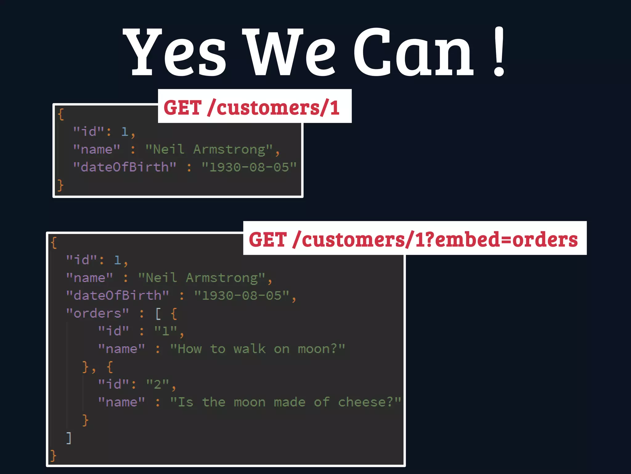 Yes We Can !
GET /customers/1
GET /customers/1?embed=orders
 
