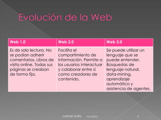 Web 1.0                    Web 2.0                       Web 3.0

Es de solo lectura. No     Facilita el                   Se puede utilizar un
se podían adherir          compartimiento de             lenguaje que se
comentarios. Libros de     información. Permite a        puede entender.
visita online. Todas sus   los usuarios interactuar      Búsquedas de
páginas se creaban         y colaborar entre sí          lenguaje natural,
de forma fija.             como creadores de             data-mining,
                           contenido.                    aprendizaje
                                                         automático y
                                                         asistencia de agentes.




                             Ladner Sofía   15/10/2012                  5
 
