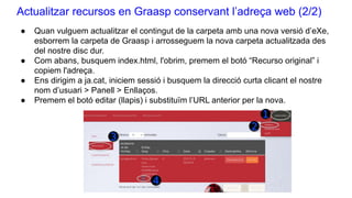 Actualitzar recursos en Graasp conservant l’adreça web (2/2)
● Quan vulguem actualitzar el contingut de la carpeta amb una nova versió d’eXe,
esborrem la carpeta de Graasp i arrosseguem la nova carpeta actualitzada des
del nostre disc dur.
● Com abans, busquem index.html, l'obrim, premem el botó “Recurso original” i
copiem l'adreça.
● Ens dirigim a ja.cat, iniciem sessió i busquem la direcció curta clicant el nostre
nom d’usuari > Panell > Enllaços.
● Premem el botó editar (llapis) i substituïm l’URL anterior per la nova.
 