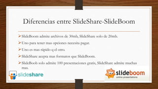 Diferencias entre SlideShare-SlideBoom
SlideBoom admite archivos de 30mb, SlideShare solo de 20mb.
Uno para tener mas opciones necesita pagar.
Uno es mas rápido q el otro.
SlideShare acepta mas formatos que SlideBoom.
SlideBoob solo admite 100 presentaciones gratis, SlideShare admite muchas
mas.
 