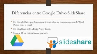 Diferencias entre Google Drive-SlideShare
• En Google Drive puedes compartir toda clase de documentos sea de Word,
Power Pont y Excel.
• En SlideShare solo admite Power Point.
• Google Drive es totalmente gratuito.
 