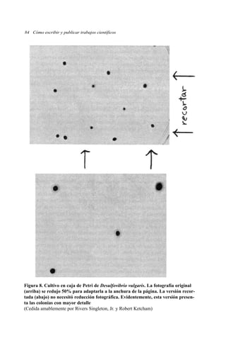 84 Cómo escribir y publicar trabajos científicos
Figura 8. Cultivo en caja de Petri de Desulfovibrio vulgaris. La fotografía original
(arriba) se redujo 50% para adaptarla a la anchura de la página. La versión recor-
tada (abajo) no necesitó reducción fotográfica. Evidentemente, esta versión presen-
ta las colonias con mayor detalle
(Cedida amablemente por Rivers Singleton, Jr. y Robert Ketcham)
 