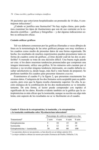 70 Cómo escribir y publicar trabajos científicos
56 pacientes que estuvieron hospitalizados un promedio de 14 días, 6 con-
trajeron infecciones”.
¿Cuándo se justifica una ilustración? No hay reglas claras, pero pode-
mos examinar los tipos de ilustraciones que son de uso corriente en la re-
dacción científica —gráficas y fotografías— y dar algunas indicaciones so-
bre su utilización eficaz.
Cuándo utilizar gráficas
Tal vez debamos comenzar por las gráficas (llamadas a veces dibujos de
línea en la terminología de las artes gráficas) porque son muy similares a
los cuadros como medio de presentar datos de una forma organizada. De
hecho, los resultados de muchos experimentos pueden presentarse tanto en
forma de cuadros como de gráficas. ¿Cómo decidir cuál de las dos es pre-
ferible? A menudo se trata de una decisión difícil. Una buena regla puede
ser esta: si los datos muestran tendencias pronunciadas que componen una
imagen interesante, utilice una gráfica. Si los números solo cuentan por sí
mismos y no revelan ninguna tendencia interesante, un cuadro debería re-
sultar satisfactorio (y, desde luego, más fácil y más barato de preparar). Se
prefieren también los cuadros para presentar números exactos.
Examinemos el cuadro 9 y la figura 2, que presentan exactamente los
mismos datos. Cualquiera de los dos formatos sería aceptable para su publi-
cación, pero creo que la figura resulta claramente superior. En ella, la ac-
ción sinérgica de la combinación de los dos medicamentos se ve inmedia-
tamente. De esta forma, el lector puede comprender con rapidez el
significado de los datos. Resulta evidente también en la gráfica que la es-
treptomicina es más eficaz que la isoniazida, aunque su acción sea algo más
lenta; este aspecto de los resultados no se ve fácilmente en el cuadro.
Cuadro 9. Efecto de la estreptomicina, la isoniazida, y la estreptomicina
y la isoniazida combinadas sobre Mycobacterium tuberculosisa
Porcentaje de cultivos negativos a las:
Tratamientob 2 sem 4 sem 6 sem 8 sem
Estreptomicina 5 10 15 20
Isoniazida 8 12 15 15
Estreptomicina + isoniazida 30 60 80 100
a Los pacientes ahora no tan pacientes, se han descrito en un trabajo anterior (61).
b La mejor calidad se obtiene de nuestro proveedor (Farmacia del Pueblo, Poblacho, LA).
 