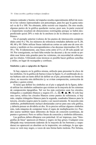 número redondo y bonito; tal impulso resulta especialmente difícil de resis-
tir si los valores representados son porcentajes, para los que la gama natu-
ral va de 0 a 100. No obstante, debe resistir ese impulso. De otro modo,
algunas partes de la gráfica quedarán vacías; peor aun, la parte esencial
e importante resultará de dimensiones restringidas porque se habrá des-
perdiciado quizá 20% o más de la anchura (o de la altura) en espacio en
blanco.
En el ejemplo anterior (valores de los puntos de intersección compren-
didos entre 0 y 78), los números de referencia rotulados deberán ser 0, 20,
40, 60 y 80. Debe utilizar líneas indicativas cortas en cada uno de esos nú-
meros y también en los correspondientes a las decenas intermedias (10, 30,
50 y 70). Evidentemente, una línea corta entre el 0 y el 20 solo puede ser
10. Por consiguiente, no hará falta rotular las decenas y de ese modo se po-
drán usar letras más grandes para las veintenas, sin necesidad de sobrecar-
gar los rótulos. Utilizando estas técnicas es posible hacer gráficas sencillas
y útiles, en lugar de recargadas y confusas.
Símbolos y pies o epígrafes de figuras
Si hay espacio en la gráfica misma, utilícelo para presentar la clave de
los símbolos. En la gráfica de barras (véase la figura 1), el sombreado de es-
tas hubiera sido un tanto difícil de definir en el pie; presentado en forma de
clave, no necesita otra definición (y se evitan composición, corrección de
pruebas y gastos extra).
Si tiene que definir los símbolos en el pie o epígrafe de la figura, debe-
rá utilizar los símbolos ordinarios que existen en la mayoría de los sistemas
de composición tipográfica. Tal vez los más corrientes sean los círculos,
triángulos y cuadrados blancos y negros ( , , , , , ). Si solo hay
una curva, utilice los círculos blancos como puntos de referencia; si hay
más, emplee triángulos blancos para la segunda, cuadrados blancos para la
tercera, círculos negros para la cuarta y así sucesivamente. Si necesita más
símbolos, probablemente incluyó demasiadas curvas para una sola gráfica,
y debería pensar en dividirla en dos. Si es preciso utilizar algunos símbolos
más, toda máquina de componer tiene el signo de multiplicación (x). Pue-
den usarse también tipos diferentes de líneas de conexión (continuas, de
puntos o guiones). Pero no utilice líneas de conexión y símbolos diferentes.
Las gráficas deben dibujarse con pulcritud. Al ser impresas, esas “foto-
grafías de línea” aparecen en blanco y negro; no hay grises. Cualquier cosa
dibujada muy tenuemente (además de la mayoría de los borrones y raspa-
duras) no aparecerá en absoluto en la impresión; sin embargo, lo que apa-
rezca se verá muy negro, a veces de una forma harto molesta. Por fortuna,
74 Cómo escribir y publicar trabajos científicos
 