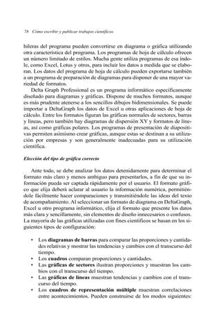 hileras del programa pueden convertirse en diagrama o gráfica utilizando
otra característica del programa. Los programas de hoja de cálculo ofrecen
un número limitado de estilos. Mucha gente utiliza programas de esa índo-
le, como Excel, Lotus y otros, para incluir los datos a medida que se elabo-
ran. Los datos del programa de hoja de cálculo pueden exportarse también
a un programa de preparación de diagramas para disponer de una mayor va-
riedad de formatos.
Delta Graph Professional es un programa informático específicamente
diseñado para diagramas y gráficas. Dispone de muchos formatos, aunque
es más prudente atenerse a los sencillos dibujos bidimensionales. Se puede
importar a DeltaGraph los datos de Excel u otras aplicaciones de hoja de
cálculo. Entre los formatos figuran las gráficas normales de sectores, barras
y líneas, pero también hay diagramas de dispersión XY y formatos de líne-
as, así como gráficas polares. Los programas de presentación de diapositi-
vas permiten asimismo crear gráficas, aunque estas se destinan a su utiliza-
ción por empresas y son generalmente inadecuadas para su utilización
científica.
Elección del tipo de gráfica correcto
Ante todo, se debe analizar los datos detenidamente para determinar el
formato más claro y menos ambiguo para presentarlos, a fin de que su in-
formación pueda ser captada rápidamente por el usuario. El formato gráfi-
co que elija deberá aclarar al usuario la información numérica, permitién-
dole fácilmente hacer comparaciones y transmitiéndole las ideas del texto
de acompañamiento. Al seleccionar un formato de diagrama en DeltaGraph,
Excel u otro programa informático, elija el formato que presente los datos
más clara y sencillamente, sin elementos de diseño innecesarios o confusos.
La mayoría de las gráficas utilizadas con fines científicos se basan en los si-
guientes tipos de configuración:
• Los diagramas de barras para comparar las proporciones y cantida-
des relativas y mostrar las tendencias y cambios con el transcurso del
tiempo.
• Los cuadros comparan proporciones y cantidades.
• Las gráficas de sectores ilustran proporciones y muestran los cam-
bios con el transcurso del tiempo.
• Las gráficas de líneas muestran tendencias y cambios con el trans-
curso del tiempo.
• Los cuadros de representación múltiple muestran correlaciones
entre acontecimientos. Pueden construirse de los modos siguientes:
78 Cómo escribir y publicar trabajos científicos
 