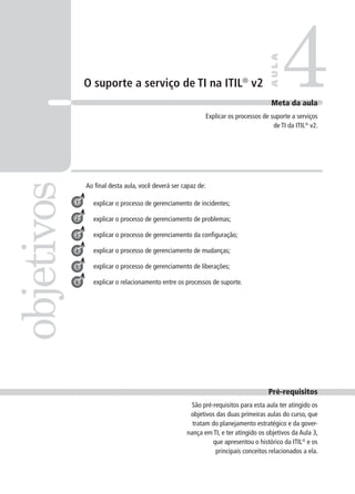 O suporte a serviço de TI na ITIL®
v2 4objetivos
AULA
Meta da aula
Explicar os processos de suporte a serviços
de TI da ITIL®
v2.
1
3
4
explicar o processo de gerenciamento de incidentes;
explicar o processo de gerenciamento de problemas;
explicar o processo de gerenciamento da conﬁguração;
explicar o processo de gerenciamento de mudanças;
explicar o processo de gerenciamento de liberações;
explicar o relacionamento entre os processos de suporte.
2
5
Pré-requisitos
São pré-requisitos para esta aula ter atingido os
objetivos das duas primeiras aulas do curso, que
tratam do planejamento estratégico e da gover-
nança em TI, e ter atingido os objetivos da Aula 3,
que apresentou o histórico da ITIL®
e os
principais conceitos relacionados a ela.
6
Ao ﬁnal desta aula, você deverá ser capaz de:
 