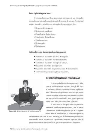 104 Governança: Gestão, Auditoria e Tecnologia da Informação
Governança em tecnologia da informação | O suporte a serviço de TI na ITIL®
V2
Descrição do processo
A principal entrada desse processo é o registro de um chamado,
normalmente feito pelo usuário através de central de serviço. A principal
saída é o usuário satisfeito. As atividades desse processo são:
• Detecção do incidente.
• Registro do incidente.
• Classiﬁcação do incidente.
• Priorização do incidente.
• Escalonamento.
• Restauração.
• Fechamento.
Indicadores de desempenho do processo
• Número de incidentes por área de negócio.
• Número de incidentes por departamento.
• Número de incidentes por tipo de serviço.
• Incidentes resolvidos por operador.
• Incidentes resolvidos no primeiro nível de atendimento.
• Tempo médio para resolução de incidentes.
GERENCIAMENTO DE PROBLEMAS
O principal objetivo desse processo é lidar
com os problemas que afetam a área de TI. Você
se lembra da diferença entre incidente e problema,
não? Chamamos de problema o evento que, assim
como o incidente, interrompe um serviço (ou dimi-
nui o seu nível de qualidade), mas para o qual não
temos uma solução conhecida e aplicável.
A implantação dos processos de gerencia-
mento de incidentes em conjunto com o geren-
ciamento de problemas permite que a TI suporte
muito bem os serviços que já estão em operação
na empresa e lide com as suas interrupções de forma mais proﬁssional
e ordenada. Isto é, organização e proﬁssionalismo no lugar da falta de
proﬁssionalismo e desorganização que vemos em muitas empresas!
Figura 4.2: Gerenciamento de problemas de TI.
 