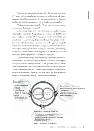 C E C I E R J – E X T E N S Ã O E M G O V E R N A N Ç A 15
INTRODUÇÃO
Tudo isto revela que a dependência crítica das empresas em relação
à TI requer um foco especíﬁco em como governá-la. Isto é necessário para
assegurar não só bons resultados dos investimentos feitos em TI, como
também que os riscos associados a sua aplicação sejam mitigados.
Você deve estar se perguntando: "O que tudo isto tem a ver com
a governança da empresa em geral?"
A Governança Empresarial é um sistema através do qual as entidades
são dirigidas e controladas. A dependência que o negócio tem da TI faz com
que os problemas referentes a Governança não possam ser resolvidos sem
considerar a TI. A Governança Empresarial deve, portanto, dirigir e contri-
buir para o estabelecimento da Governança em TI. A TI, por sua vez, pode
inﬂuenciarasoportunidadesestratégicasdaempresa,fornecendoinformações
valiosaspara aelaboraçãodeplanosestratégicos. Dessaforma,aGovernança
em TI ajuda a empresa a tirar o máximo proveito da informação e pode ser
vista como um fator propulsor da Governança Empresarial.
Agora vamos investigar melhor esta relação. Perceba que as ativida-
des da empresa requerem informações extraídas das atividades de TI para
alcançar os objetivos do negócio e que a TI tem que estar alinhada com as
atividades da empresa para tirar o máximo proveito de suas informações.
Assim, a Governança em TI e a Governança Empresarial não podem ser
consideradas disciplinas distintas e isoladas, sendo que aquela deve ser
integrada à estrutura geral desta, conforme mostra a Figura 2:integrada à estrutura geral desta, conforme mostra a Figura 2:
Governança
Corporativa
Governança
em TI
Governança
Empresarial
Governança em TI foca-se em:
• Alinhamento de TI com os objetivos
do negócio
• Uso dos recursos de TI
• Gerência dos riscos de TI
• Valor agregado
Governança Corporativa
foca-se em:
• Sáude ﬁnanceira da
empresa
• Estratégia
• Controladoria
• Gestão de riscos
• Gestão de eventos
críticos
• Conﬁabilidade dos
recursos ﬁnanceiros
Governança Empresarial foca-se em:
• Planejamento estratégico e alinhamento
com os objetivos da empresa
• Gestão de sistemas ﬁnanceiros e contábeis
• Operações da empresa
• Controles internos
Figura 2: Dimensões da Governança.
 