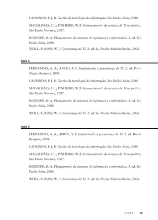 C E D E R J 331
LAURINDO, F. J. B. Gestão da tecnologia da informação. São Paulo: Atlas, 2008.
MAGALHÃES, I. L.; PINHEIRO, W. B. Gerenciamento de serviços de TI na prática.
São Paulo: Novatec, 2007.
REZENDE, D. A. Planejamento de sistemas de informação e informática. 3. ed. São
Paulo: Atlas, 2008.
WEILL, P.; ROSS, W. J. Governança de TI. 2. ed. São Paulo: Makron Books, 2006.
Aula 4
FERNANDES, A. A.; ABREU, V. F. Implantando a governança de TI. 2. ed. Porto
Alegre: Brasport, 2008.
LAURINDO, F. J. B. Gestão da tecnologia da informação. São Paulo: Atlas, 2008.
MAGALHÃES, I. L.; PINHEIRO, W. B. Gerenciamento de serviços de TI na prática.
São Paulo: Novatec, 2007.
REZENDE, D. A. Planejamento de sistemas de informação e informática. 3. ed. São
Paulo: Atlas, 2008.
WEILL, P.; ROSS, W. J. Governança de TI. 2. ed. São Paulo: Makron Books, 2006.
Aula 5
FERNANDES, A. A., ABREU, V. F. Implantando a governança de TI. 2. ed. Brasil:
Brasport, 2008.
LAURINDO, F. J. B. Gestão da tecnologia da informação. São Paulo: Atlas, 2008.
MAGALHÃES, I. L., PINHEIRO, W. B. Gerenciamento de serviços de TI na prática.
São Paulo: Novatec, 2007.
REZENDE, D. A. Planejamento de sistemas de informação e informática. 3. ed. São
Paulo: Atlas, 2008.
WEILL, P.; ROSS, W. J. Governança de TI. 2. ed. São Paulo: Makron Books, 2006.
 