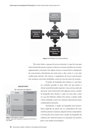 38 Governança: Gestão, Auditoria e Tecnologia da Informação
Governança em Tecnologia da Informação | Conceitos relacionados à Governança em TI
Figura 1.10: Matriz S.W.O.T.
Fonte: http://pt.wikipedia.org/wiki/An%C3%A1
lise_SWOT.
Por outro lado, a ameaça de novos entrantes é o que faz com que
outro fornecedor possa começar a oferecer o mesmo produto ou serviço,
segmentando o mercado. Em alguns setores, é muito fácil o surgimento
de concorrentes, literalmente da noite para o dia, como é o caso das
vendas pela internet. Em outros, o surgimento de novos concorrentes
não acontece com tanta facilidade, como no caso do setor de aviação.
O poder de barganha dos clientes é o que deve
ser avaliado quando se quer saber até que ponto o
cliente insatisfeito pode suportar o mau serviço antes de
procurar outro fornecedor. Em algumas áreas, o poder
de barganha dos clientes é cada vez mais alto, como
no caso da telefonia celular. Em outras, o poder ainda
é bem reduzido, como nos sistemas operacionais para
computadores pessoais.
Finalmente, o poder de barganha dos fornece-
dores depende de quem são os compradores de suas
matérias-primas e insumos. Quanto menos compradores
o fornecedor tiver, maior será o poder de barganha da
empresa por menores preços na aquisição de insumos
para a sua cadeia de produção.
Figura 1.9: Análise do cenário externo.
ANÁLISE SWOT
Na conquista do objetivo
Ajuda Atrapalha
Forças Fraquezas
Oportunidades Ameaças
Interna
(organização)
Externa
(ambiente)
 