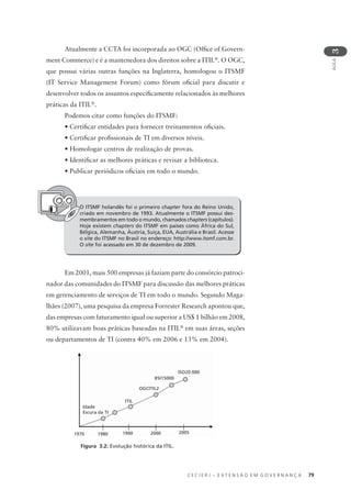 C E C I E R J – E X T E N S Ã O E M G O V E R N A N Ç A 79
AULA
3
Atualmente a CCTA foi incorporada ao OGC (Ofﬁce of Govern-
ment Commerce) e é a mantenedora dos direitos sobre a ITIL®
. O OGC,
que possui várias outras funções na Inglaterra, homologou o ITSMF
(IT Service Management Forum) como fórum oﬁcial para discutir e
desenvolver todos os assuntos especiﬁcamente relacionados às melhores
práticas da ITIL®
.
Podemos citar como funções do ITSMF:
• Certiﬁcar entidades para fornecer treinamentos oﬁciais.
• Certiﬁcar proﬁssionais de TI em diversos níveis.
• Homologar centros de realização de provas.
• Identiﬁcar as melhores práticas e revisar a biblioteca.
• Publicar periódicos oﬁciais em todo o mundo.
O ITSMF holandês foi o primeiro chapter fora do Reino Unido,
criado em novembro de 1993. Atualmente o ITSMF possui des-
membramentos em todo o mundo, chamados chapters (capítulos).
Hoje existem chapters do ITSMF em países como África do Sul,
Bélgica, Alemanha, Áustria, Suíça, EUA, Austrália e Brasil. Acesse
o site do ITSMF no Brasil no endereço: http://www.itsmf.com.br.
O site foi acessado em 30 de dezembro de 2009.
Em 2001, mais 500 empresas já faziam parte do consórcio patroci-
nador das comunidades do ITSMF para discussão das melhores práticas
em gerenciamento de serviços de TI em todo o mundo. Segundo Maga-
lhães (2007), uma pesquisa da empresa Forrester Research apontou que,
das empresas com faturamento igual ou superior a US$ 1 bilhão em 2008,
80% utilizavam boas práticas baseadas na ITIL®
em suas áreas, seções
ou departamentos de TI (contra 40% em 2006 e 13% em 2004).
Figura 3.2: Evolução histórica da ITIL.
Idade
Escura da TI
ITIL
OGCITIL2
BSI15000
ISO20.000
1970 1980 1990 2000 2005
 
