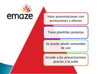 Hace presentaciones con
animaciones y efectos
Tiene plantillas gratuitas
Se puede añadir comandos
de voz
Accede a las presentaciones
gracias a la nube
 