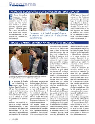 Panorama
Panorama
  PRIMERAS ELECCIONES CON EL NUEVO SISTEMA DE VOTO


E
      l Censo Electoral de                                                                               El PSOE ganó en el voto del
      Residentes Ausen-                                                                                  exterior en las elecciones
      tes (CERA) para estas                                                                              autonómicas que tuvieron
elecciones con el nuevo                                                                                  lugar el pasado domingo
sistema de voto implan-                                                                                  22 en España en diez au-
tado a raíz de la reforma                                                                                tonomías y el PP lo hizo en
de la ley orgánica del ré-                                                                               otras tres y en las dos ciuda-
gimebn electoral gene-                                                                                   des autónomas. El PSOE ha
ral (LOREG) de enero de                                                                                  sido el partido más votado
este mismo año sumaba                                                                                    en el exterior por 6 puntos
606.399 electores, de los
                                      En torno a un 4 % de los españoles en                              en las elecciones autonó-
que se han contabilizado              el exterior han votado en las elecciones                           micas y que suma un 44 %
25.156 votos.                         autonómicas.                                                       frente a un 33,8% del PP.

  VIAJES D E ANNA TERRÓN A MARRUECOS Y A BRUSELAS
                                                                         sión inaugural, la secretaria   tado de Schengen y el prin-
                                                                         de Estado ha querido des-       cipio de libre circulación de
                                                                         tacar el papel fundamental      la Unión Europea. Tras el
                                                                         que desempeñan las mu-          Consejo, Terrón ha apelado
                                                                         jeres en la inmigración, un     a búsqueda de soluciones
                                                                         ámbito de creciente femi-       en el marco común y ha
                                                                         nización. De hecho, el por-     puesto a disposición de los
                                                                         centaje de mujeres extran-      otros Estados miembros la
                                                                         jeras que residen en España     experiencia que España ha
                                                                         (47%) tiende a equilibrarse     adquirido en este terreno
                                                                         con el de hombres.              en los últimos años.
                                                                         Además, Anna Terrón ha          Además, la secretaria de
                                                                         subrayado el “gran esfuer-      Estado ha insistido en que
                                                                         zo personal” de las muje-       el Tratado de Schengen “ya
                                                                         res que, dejando atrás en       tiene vías que permiten
De Izda a dcha, Johanna MIKL-LEITNER, ministra federal del Interior de
                                                                         muchos casos familia e hi-      abordar situaciones como la
Austria y Anna Terrón, secretaria de Estado de Inmigración               jos, deciden trasladarse a      actual”, y que la libre circula-



L
                                                                         trabajar a otro país, donde     ción es un bien fundamental
      a secretaria de Estado           o el mundo asociativo de          muchas veces van a encon-       en el proceso de construc-
      de Inmigración y Emi-            distintos países. En la pre-      trarse en una posición más      ción europea que debemos
      gración, Anna Terrón,            sente edición el encuentro        débil que la de los hombres     preservar. Terrón y Cama-
destacó el papel fundamen-             se centró en el papel de          emigrantes.                     cho han recalcado que ésta
tal que han adquirido las              la mujer en la gestión y la       Por otra parte, en el Consejo   ha sido la opinión unánime
mujeres en la inmigración,             toma de decisiones y en él        Extraordinario de Ministros     expresada por los represen-
en la apertura del foro inter-         han participado Fathia Ben-       de Justicia e Interior cele-    tantes de los Estados miem-
nacional Women’s Tribune,              nis, presidenta del Women’s       brado a mediados de mayo        bros en el Consejo.
que se celebró el pasado               Tribune; Nabil Kharroubi,         en Bruselas, centrado en la     Por otro lado, la delegación
mayo en Essaouira (Marrue-             gobernador de Essaouira; la       situación en los países del     española ha enfatizado la
cos).                                  economista Touria Zhiri; y la     norte de África que están vi-   importancia de dar apoyo
Women’s Tribune es un es-              poetisa Fatema Chahid.            viendo procesos de apertu-      a los procesos democratiza-
pacio de diálogo sobre el              “Las mujeres tienen un            ra democrática, la secretaria   dores del norte de África. En
papel de la mujer y su lide-           nuevo rol en la inmigración:      de Estado de Inmigración y      este sentido, Anna Terrón
razgo en las dos riberas del           ellas han dado un paso ade-       Emigración, Anna Terrón, y      ha recalcado que “la Unión
Mediterráneo, en el que                lante y ya juegan el papel        el secretario de Estado de      Europea debe cooperar con
participarán personalidades            principal en este terreno”.       Seguridad, Antonio Cama-        estos países; es allí donde
de la política, la economía            En su intervención en la se-      cho, han defendido el Tra-      está el foco de atención”.


8 • CdE • 672
 