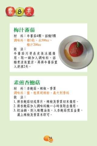 第 8 天

 梅汁蕃茄
 材　料：牛蕃茄4顆、話梅5顆
 調味料：糖3匙、水500cc、
     梅汁200cc
 做　法：
 牛蕃茄川燙去皮後冰鎮備
 用。取一鍋加入調味料、話
 梅煮滾後置涼，再將牛蕃茄置
 入浸漬2天。



 素煎杏鮑菇
 材　料：杏鮑菇、辣椒、香菜
 調味料：鹽、粗黑胡辣粉、義大利香料
 做　法：
 1. 將杏鮑菇切成厚片，辣椒及香菜切末備用。
 2. 將杏鮑菇加入調味料醃一小時後取出備用。
 3. 起油鍋，倒入橄欖油後，入杏鮑菇煎至金黃，
    灑上辣椒及香菜末即可。




             15
 