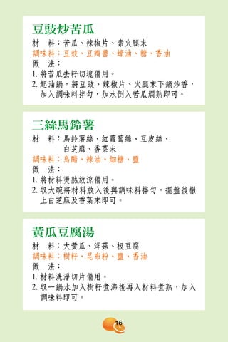 豆豉炒苦瓜
材　料：苦瓜、辣椒片、素火腿末
調味料：豆豉、豆瓣醬、蠔油、糖、香油
做　法：
1. 將苦瓜去籽切塊備用。
2. 起油鍋，將豆豉、辣椒片、火腿末下鍋炒香，
   加入調味料拌勻，加水倒入苦瓜燜熟即可。


三絲馬鈴薯
材　料：馬鈴薯絲、紅蘿蔔絲、豆皮絲、
      白芝麻、香菜末
調味料：烏醋、辣油、細糖、鹽
做　法：
1. 將材料燙熟放涼備用。
2. 取大碗將材料放入後與調味料拌勻，擺盤後撒
   上白芝麻及香菜末即可。


黃瓜豆腐湯
材　料：大黃瓜、洋菇、板豆腐
調味料：樹籽、昆布粉、鹽、香油
做　法：
1. 材料洗淨切片備用。
2. 取一鍋水加入樹籽煮沸後再入材料煮熟，加入
   調味料即可。

           16
 