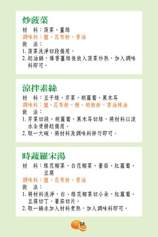 炒菠菜
材　料：菠菜、薑絲
調味料：鹽、昆布粉、香油
做　法：
1. 菠菜洗淨切段備用。
2. 起油鍋，爆香薑絲後放入菠菜炒熟，加入調味
   料即可。



涼拌素絲
材　料：豆干絲、芹菜、胡蘿蔔、黑木耳
調味料：鹽、昆布粉、糖、胡椒粉、香油辣油
做　法：
1. 芹菜切段、胡蘿蔔、黑木耳切絲，將材料以滾
   水汆燙撈起備用。
2. 取一大碗，將材料及調味料拌勻即可。



時蔬羅宋湯
材　料：綠花椰菜、白花椰菜、蕃茄、紅蘿蔔、
      豆腐
調味料：鹽、昆布粉、香油
做　法：
1. 將材料洗淨，白、綠花椰菜切小朵，紅蘿蔔、
   豆腐切丁，蕃茄切片。
2. 取一鍋水加入材料煮熟，加入調味料即可。

           28
 