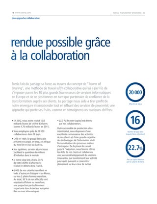è www.steria.com

Steria: Transformer ensemble | 03

Une approche collaborative

rendue possible grâce
à la collaboration
Steria fait du partage sa force au travers du concept de “Power of
Sharing”, une méthode de travail ultra collaborative qui lui a permis de
s’imposer parmi les 10 plus grands fournisseurs de services informatiques
en Europe et de se positionner en tant que partenaire de confiance de la
transformation auprès ses clients. Le partage nous aide à tirer profit de
notre envergure internationale tout en offrant des services de proximité; une
approche qui porte ses fruits, comme en témoignent ces quelques chiffres:
•E
  n 2012, nous avons réalisé 1,83
milliard d’euros de chiffre d’affaires
(contre 1,75 milliard d’euros en 2011).
•  ous employons près de 20 000
N
collaborateurs dans 16 pays.
•  réé en 1969, le groupe Steria est
C
présent en Europe, en Inde, en Afrique
du Nord et en Asie du Sud-est.
• os systèmes, services et processus
N
facilitent le quotidien de millions
d’individus dans le monde.
•  i notre siège est à Paris, 70 %
S
de notre chiffre d’affaires est
réalisé en dehors de la France.
•  000 de nos salariés travaillent en
6
Inde, d’autres en Pologne et au Maroc,
sur nos 2 plates-formes nearshore.
Au total, 30 % de nos effectifs sont
employés offshore ou nearshore,
une proportion particulièrement
importante dans le secteur européen
des services informatiques.

•  2,7 % de notre capital est détenu
2
par nos collaborateurs.
Outre un modèle de production ultra
industrialisé, nous disposons d’une
excellente connaissance des activités
de nos clients et d’une grande expertise
des technologies de l’information et de
l’externalisation des processus métiers
d’entreprise. De la phase de conseil
jusqu’à l’exécution, nous faisons nôtres
les défis de nos clients et collaborons
avec eux au développement de solutions
innovantes, qui transforment leur activité
pour qu’ils puissent se concentrer
pleinement sur leur cœur de métier.

20 000
Effectifs de Steria

16
Nombre de pays dans
lesquels Steria est présent

22.7%
Part du capital détenue
par les salariés de Steria

 