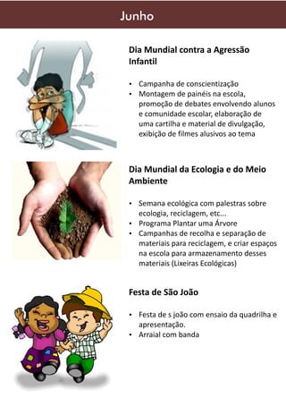 Junho
Dia Mundial contra a Agressão
Infantil
Ÿ Campanha de conscientização
Ÿ Montagem de painéis na escola,

promoção de debates envolvendo alunos
e comunidade escolar, elaboração de
uma cartilha e material de divulgação,
exibição de filmes alusivos ao tema

Dia Mundial da Ecologia e do Meio
Ambiente
Ÿ Semana ecológica com palestras sobre

ecologia, reciclagem, etc...
Ÿ Programa Plantar uma Árvore
Ÿ Campanhas de recolha e separação de

materiais para reciclagem, e criar espaços
na escola para armazenamento desses
materiais (Lixeiras Ecológicas)

Festa de São João
Ÿ Festa de s joão com ensaio da quadrilha e

apresentação.
Ÿ Arraial com banda

 