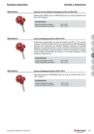 3
4
5
6
7
1
2
113Honeywell Life Safety Iberia / Enero 2015
Sondas y detectoresEquipos especiales
TMP2TOCS1A
Detector térmico EN54/5 igual que TMP2TOA2S1A pero con rango de activación entre
84°C y 100°C (clase C).
Características
• Rango de temperatura de trabajo: -20°C a 80°C
• Rango de temperatura de activación: 84°C a 100°C
TMP2TODS1A
Sonda térmica autorrearmable con rango de activación entre 99°C y 115°C (clase D)
montada en caja ATEX II 2G EEx-d IIC T6, con grado de protección IP65. Especialmente
adecuado para instalaciones con atmósferas explosivas, almacenes de materiales
peligrosos y conductos de extracción o zonas con presencia de elementos corrosivos o
vapores de condensación. Apto para interiores o exteriores. Compatible con la mayoría
de las centrales convencionales del mercado y con centrales analógicas de HLSI
mediante un módulo de zona.
Características
• Rango de temperatura de trabajo: -20°C a 95°C
• Rango de temperatura de activación: 99°C a 115°C
TMP2TOES1A
Sonda térmica igual que TMP2TOD2S1A pero con rango de activación entre 114°C y
130°C. (Clase E).
Características
• Rango de temperatura de trabajo: -20°C a 110°C
• Rango de temperatura de activación: 114°C a 130°C
	 Detector	térmico	EN54/5	antideflagrante	EEx-d	ATEX	90ºC
	 Sonda	antideflagrante	EEx-d	ATEX	110ºC
	 Sonda	antideflagrante	EEx-d	ATEX	120ºC
 